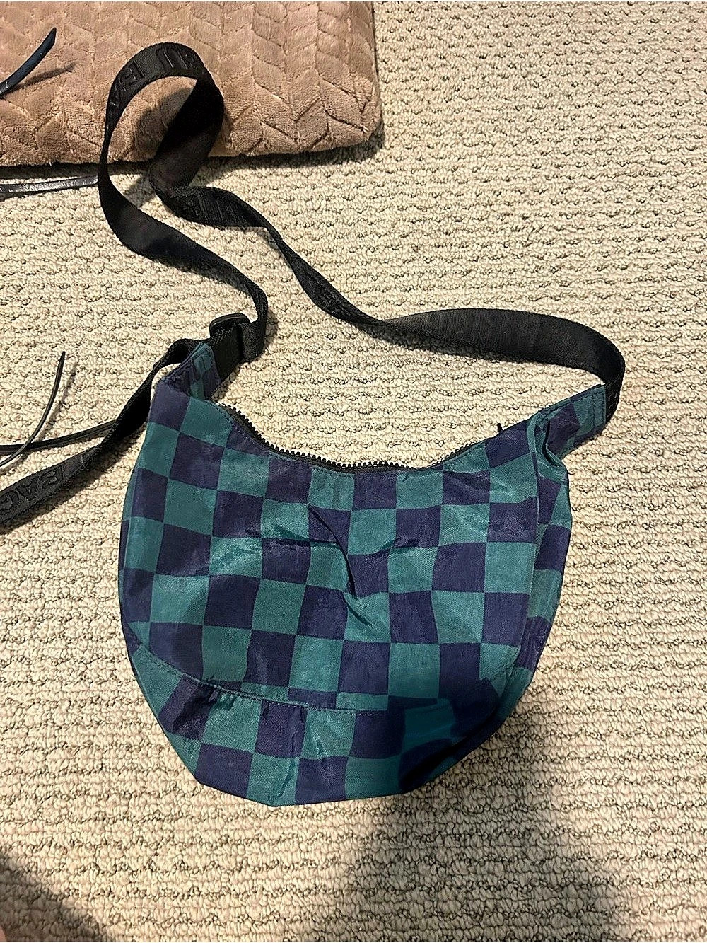 Baggu Medium Nylon Crescent Bag Checkered Crossbody Bag in Blue & Green